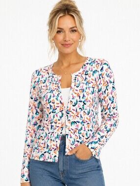 Cable & Gauge White Cardigan with Multicolor Sailboat Print(L)